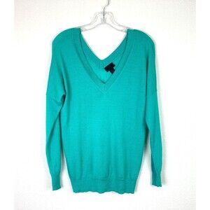 J Crew Women's Italian Cashmere Sweater  Size S Green V-Neck Front and Back